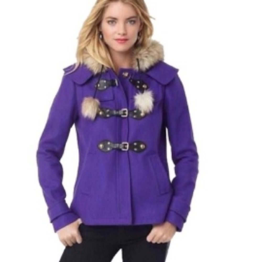 Juicy Couture Purple‎ Wool Blend Toggle Coat Faux Fur Hood Pom Poms Womens